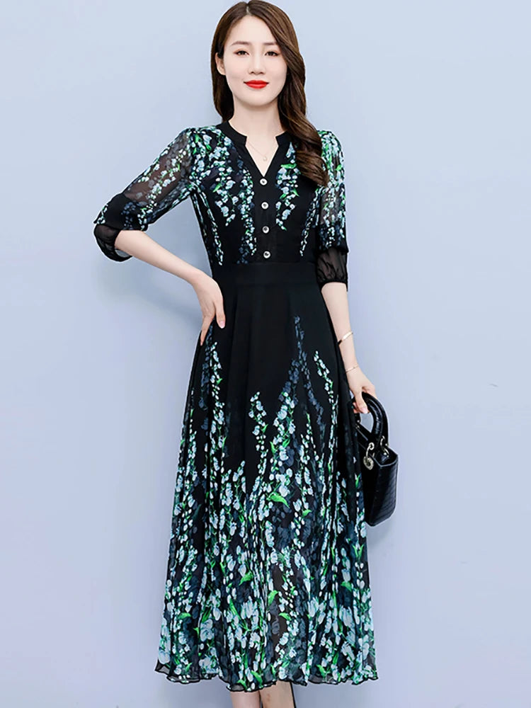 2024 Korean Vintage Luxury Party Vestidos Black Floral Chiffon V-Neck Women's Clothes Spring Autumn Elegant Bodycon Night Dress