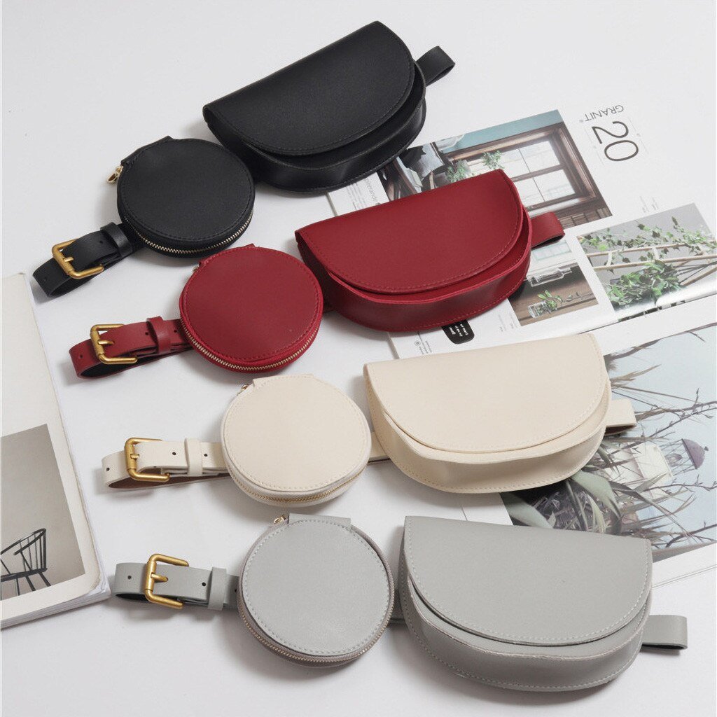 2 pcs/set Women Solid Fanny Pack Ladies New Fashion Waist Belt Bag Mini Disco Waist Bag Leather Small Shoulder Bags