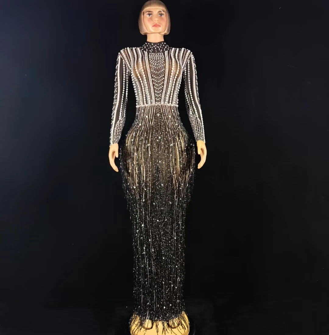 Luxury Fringes Crystal Birthday Party Long Dress Ladies Festival Outfit Night Club Clothes Women Floor Length Prom Evening Dress
