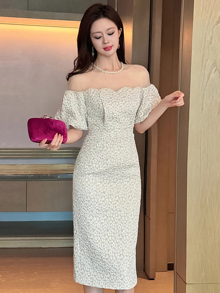 Elegant French Formal Evening Dress Women Luxury Cute Midi Birthday Robe Female Party Night Out Vestidos Banquet Clothes Lady