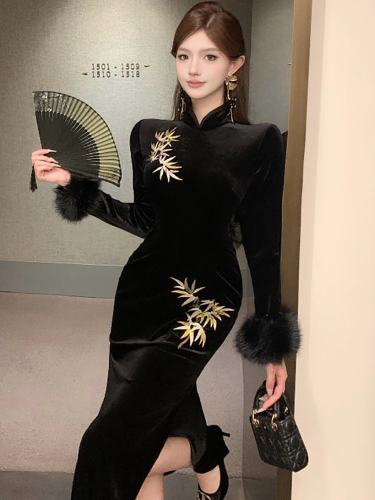 Women Korean Luxury Hepburn Prom Clothes Autumn Winter Black Embroidery Velvet Long Dress 2025 Elegant Bodycon Party Night Dress