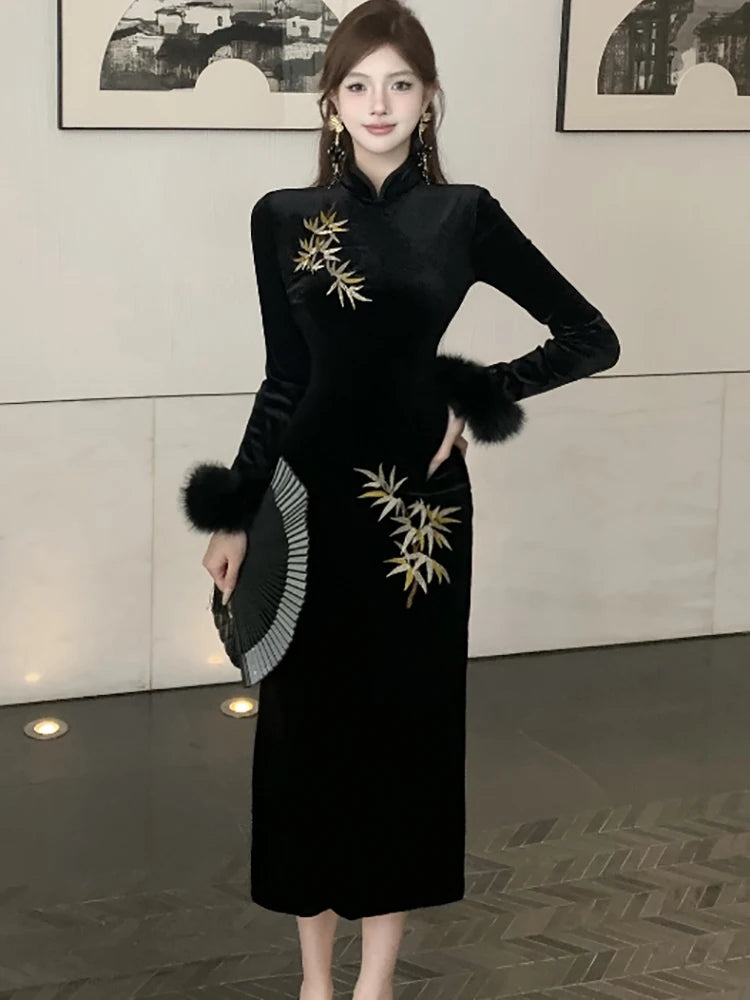 Women Korean Luxury Hepburn Prom Clothes Autumn Winter Black Embroidery Velvet Long Dress 2025 Elegant Bodycon Party Night Dress