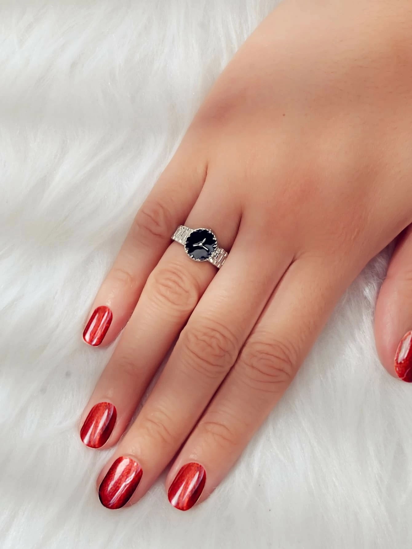 Black Enamel Watch Design Silver Fashion Women Cute Finger Ring Wholesale Price
