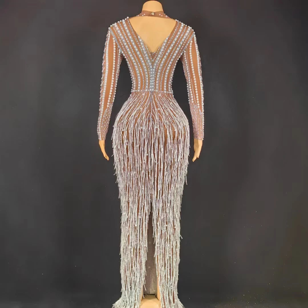 Luxury Fringes Crystal Birthday Party Long Dress Ladies Festival Outfit Night Club Clothes Women Floor Length Prom Evening Dress