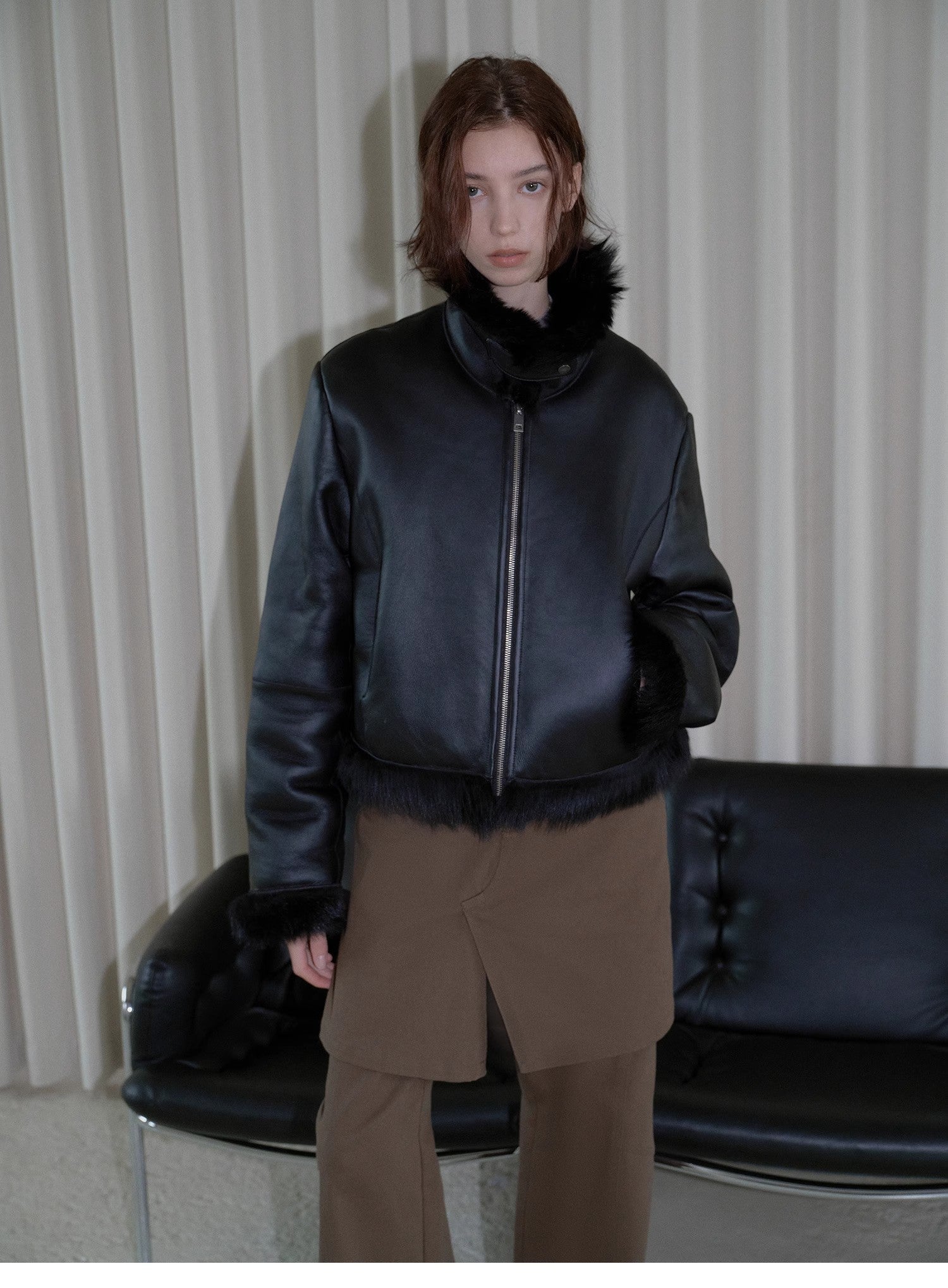 "Luxury and Elegance" motorcycle style Tuscan sheepskin short fur coat for women