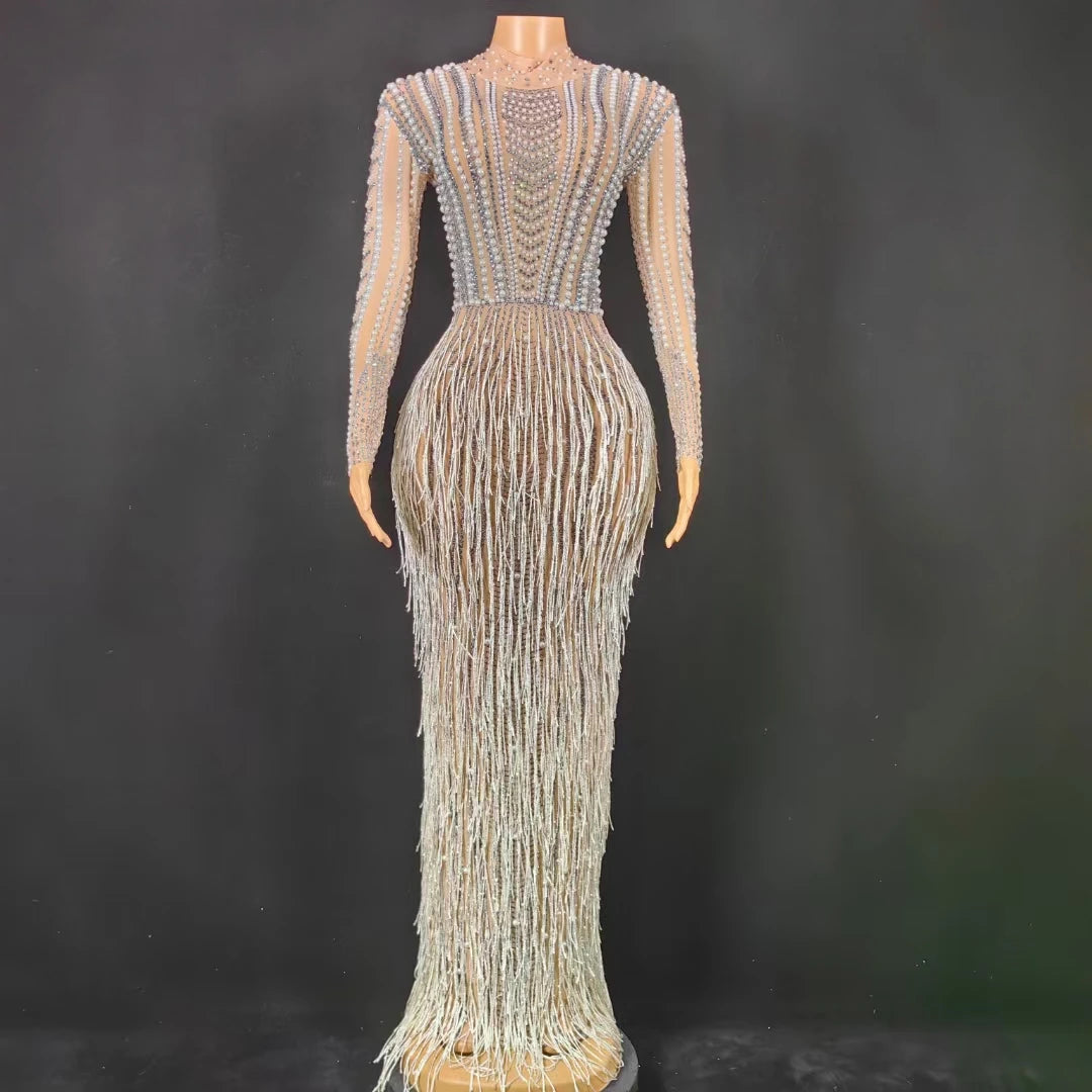 Luxury Fringes Crystal Birthday Party Long Dress Ladies Festival Outfit Night Club Clothes Women Floor Length Prom Evening Dress