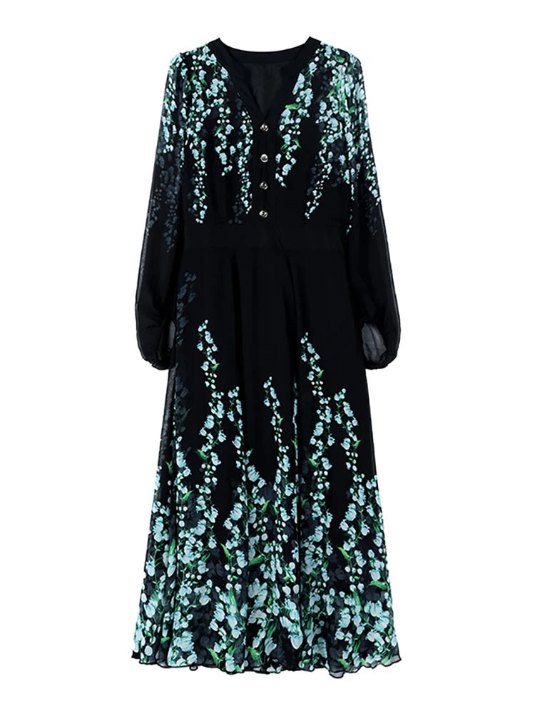 2024 Korean Vintage Luxury Party Vestidos Black Floral Chiffon V-Neck Women's Clothes Spring Autumn Elegant Bodycon Night Dress