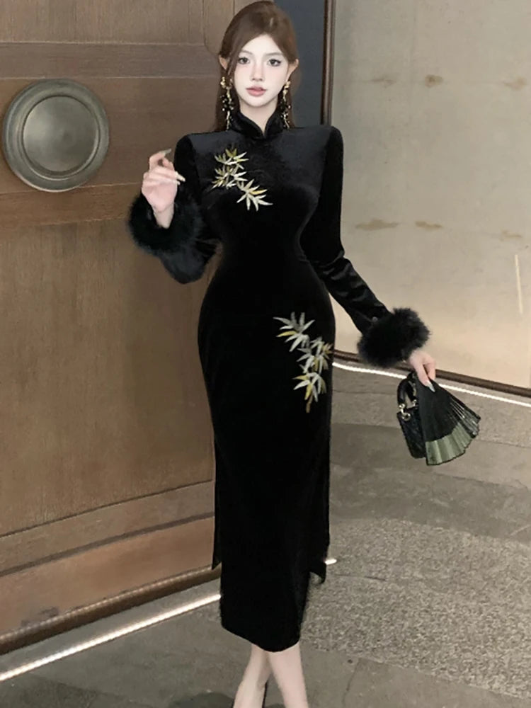 Women Korean Luxury Hepburn Prom Clothes Autumn Winter Black Embroidery Velvet Long Dress 2025 Elegant Bodycon Party Night Dress
