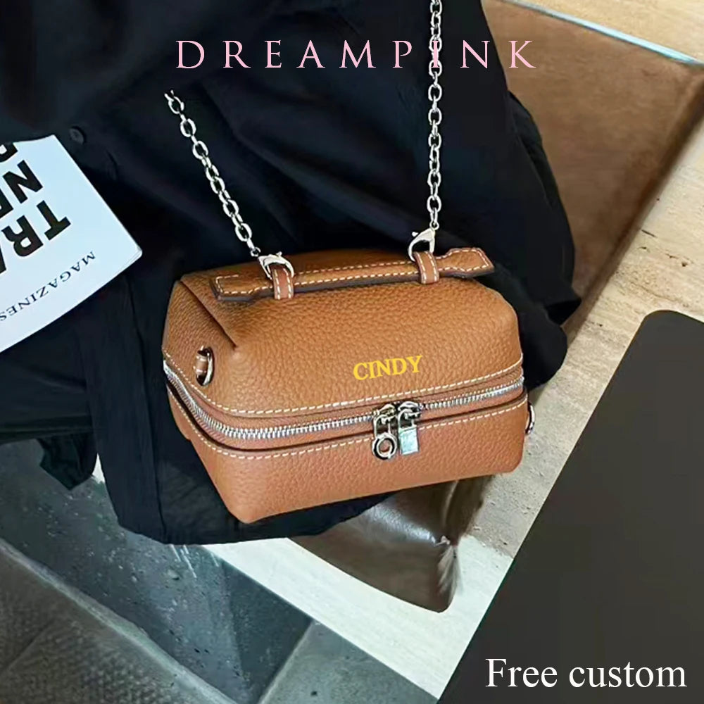 Genuine Leather Mini Women Crossbody Bag Custom Name Luxury Makeup Pouch Clutch Purse New Design Party Female Small Shoulder Bag
