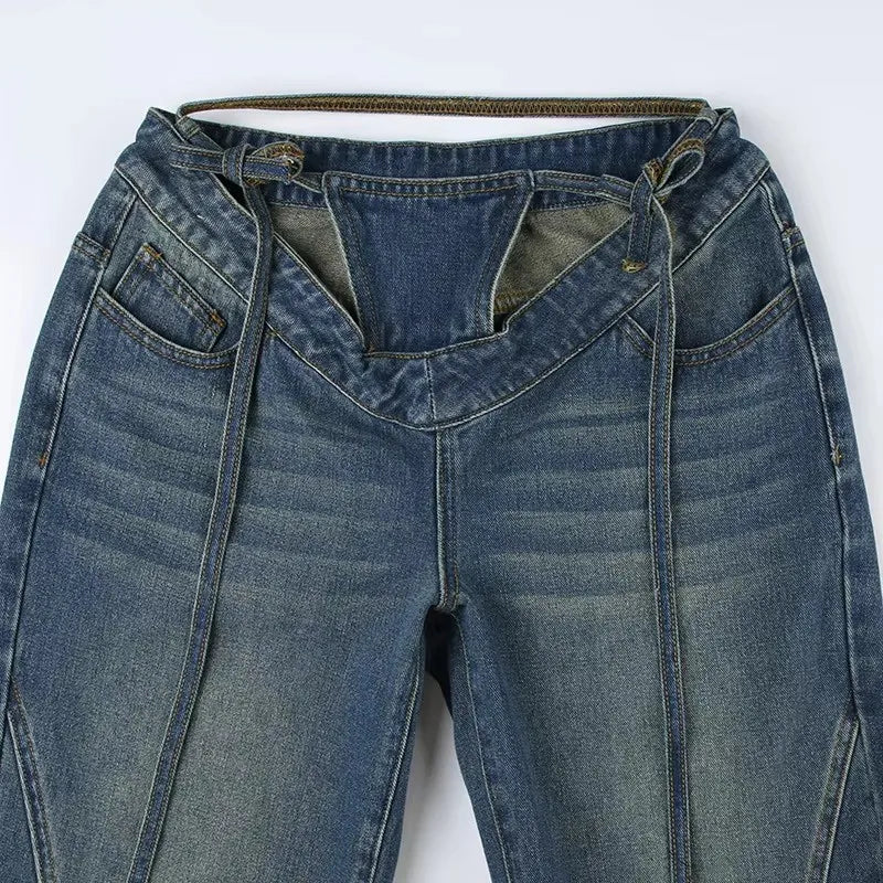 JHJN  Make Old Street Women's Clothing V-waist Strap Hollow Out Two Fake Underwear Pieces Straight leg Pants Luxury Brand