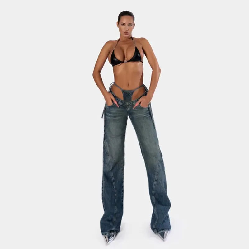 JHJN  Make Old Street Women's Clothing V-waist Strap Hollow Out Two Fake Underwear Pieces Straight leg Pants Luxury Brand