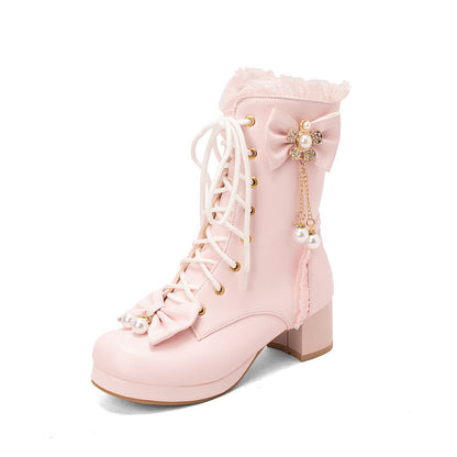 Hturi Lux™ Bow Thick Heeled Short Boots Lolita Shoes - Hturilux