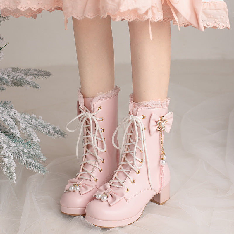 Hturi Lux™ Bow Thick Heeled Short Boots Lolita Shoes - Hturilux