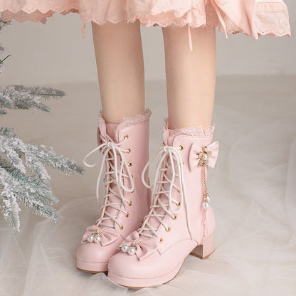 Hturi Lux™ Bow Thick Heeled Short Boots Lolita Shoes - Hturilux