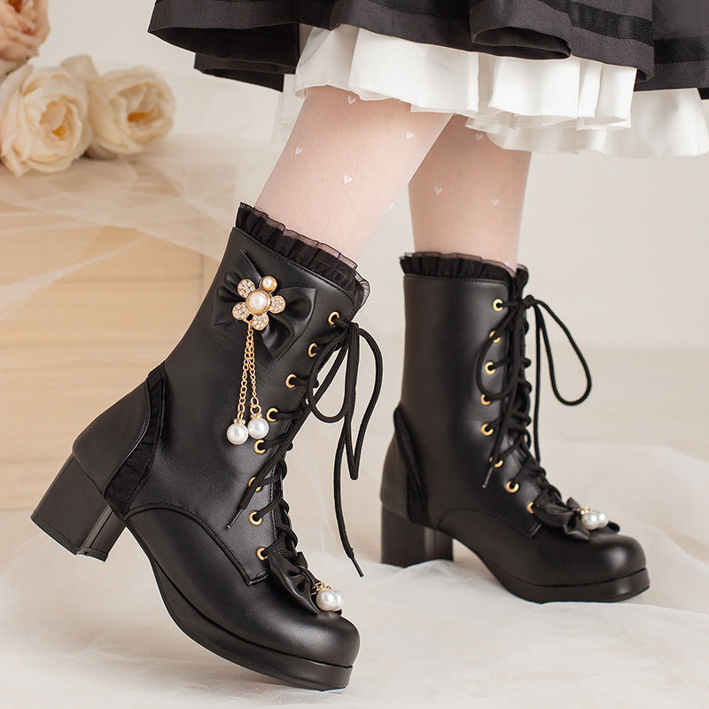 Hturi Lux™ Bow Thick Heeled Short Boots Lolita Shoes - Hturilux