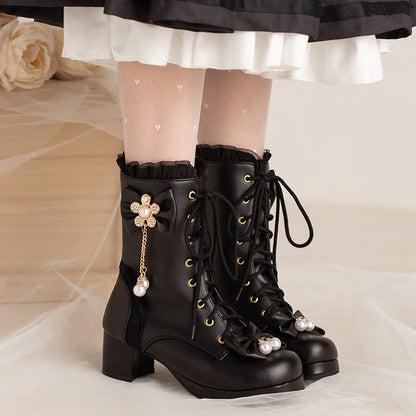 Hturi Lux™ Bow Thick Heeled Short Boots Lolita Shoes - Hturilux