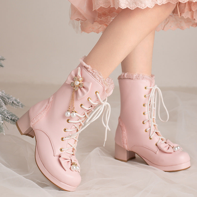 Hturi Lux™ Bow Thick Heeled Short Boots Lolita Shoes - Hturilux