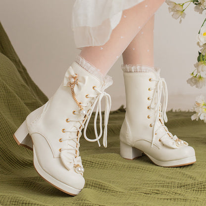 Hturi Lux™ Bow Thick Heeled Short Boots Lolita Shoes - Hturilux