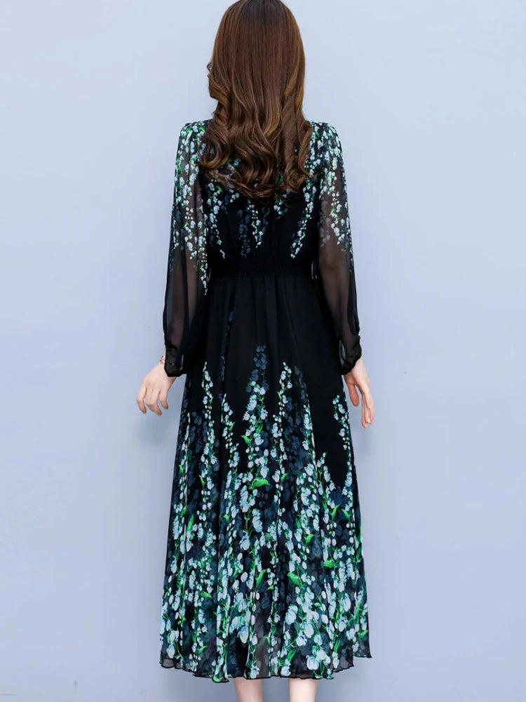2024 Korean Vintage Luxury Party Vestidos Black Floral Chiffon V-Neck Women's Clothes Spring Autumn Elegant Bodycon Night Dress