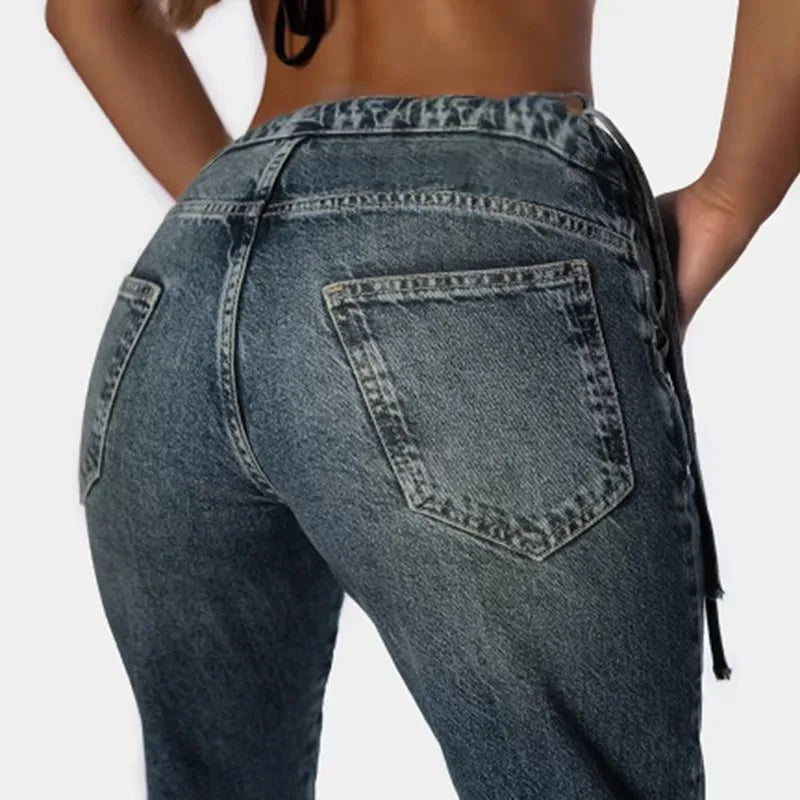 JHJN  Make Old Street Women's Clothing V-waist Strap Hollow Out Two Fake Underwear Pieces Straight leg Pants Luxury Brand