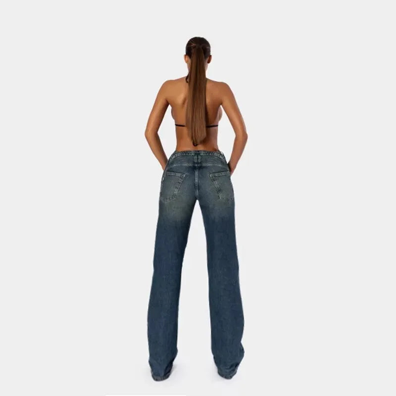 JHJN  Make Old Street Women's Clothing V-waist Strap Hollow Out Two Fake Underwear Pieces Straight leg Pants Luxury Brand