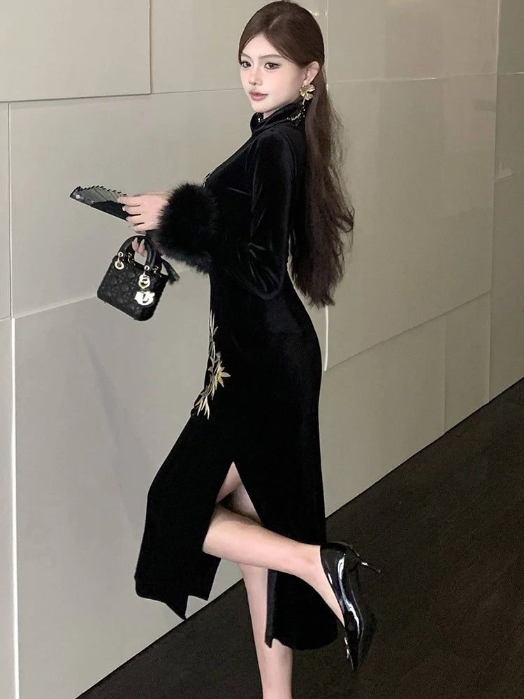 Women Korean Luxury Hepburn Prom Clothes Autumn Winter Black Embroidery Velvet Long Dress 2025 Elegant Bodycon Party Night Dress