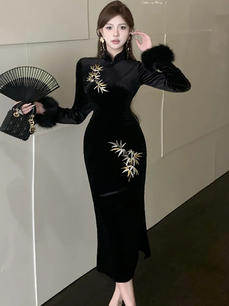 Women Korean Luxury Hepburn Prom Clothes Autumn Winter Black Embroidery Velvet Long Dress 2025 Elegant Bodycon Party Night Dress