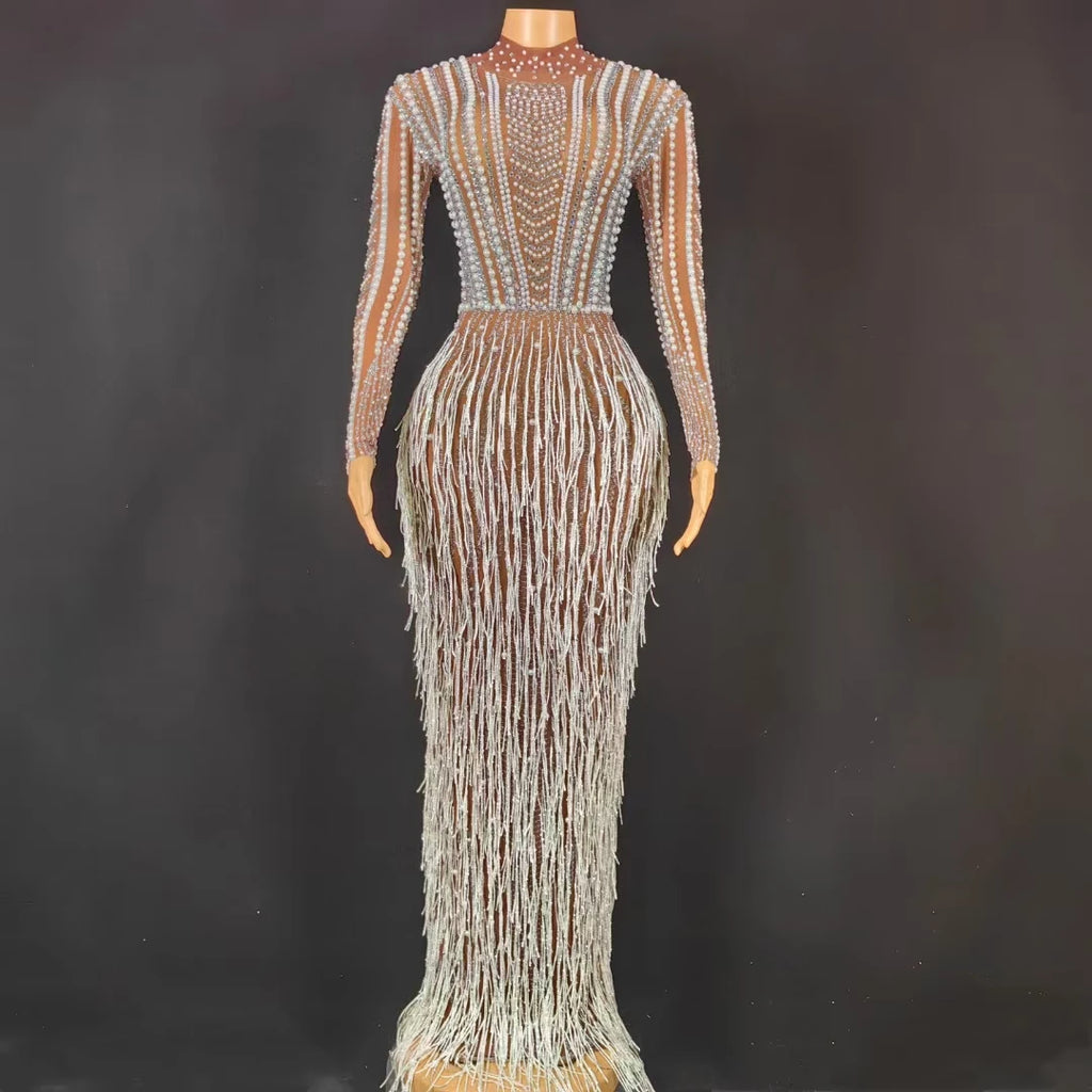 Luxury Fringes Crystal Birthday Party Long Dress Ladies Festival Outfit Night Club Clothes Women Floor Length Prom Evening Dress