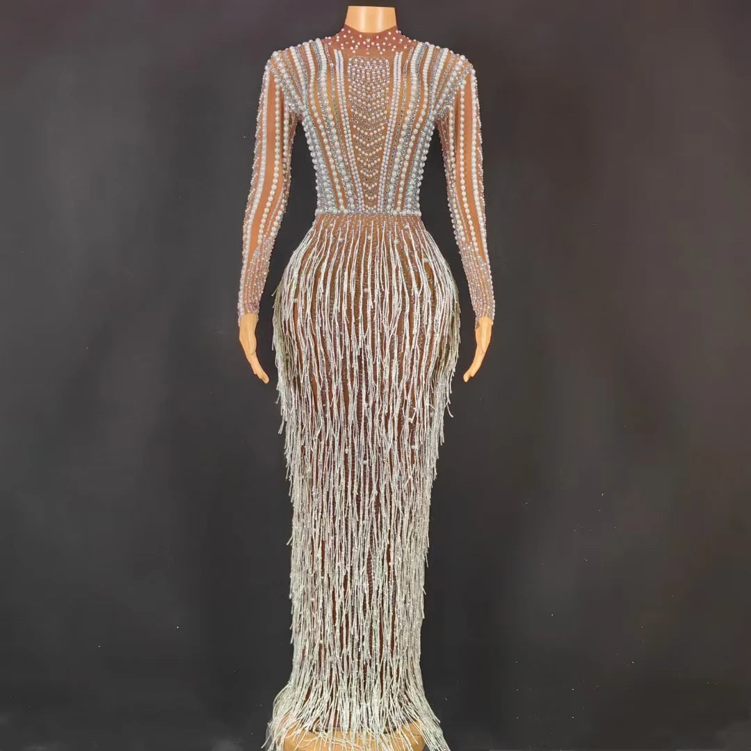 Luxury Fringes Crystal Birthday Party Long Dress Ladies Festival Outfit Night Club Clothes Women Floor Length Prom Evening Dress