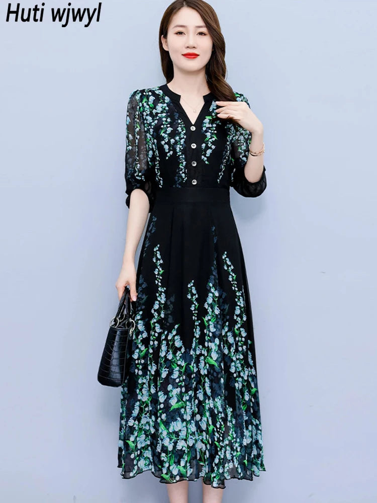 2024 Korean Vintage Luxury Party Vestidos Black Floral Chiffon V-Neck Women's Clothes Spring Autumn Elegant Bodycon Night Dress