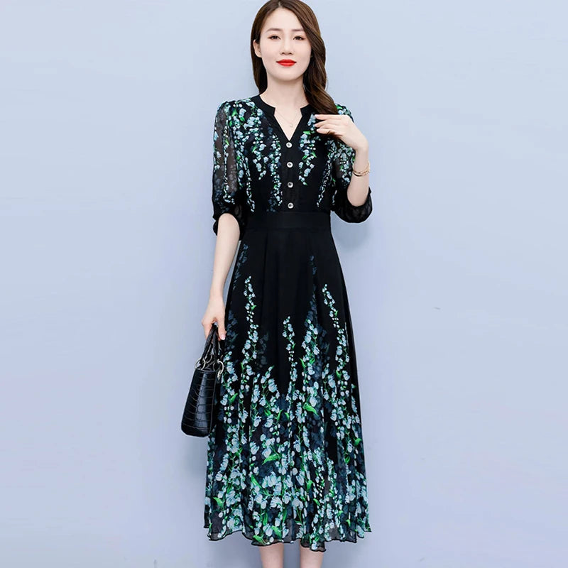 2024 Korean Vintage Luxury Party Vestidos Black Floral Chiffon V-Neck Women's Clothes Spring Autumn Elegant Bodycon Night Dress
