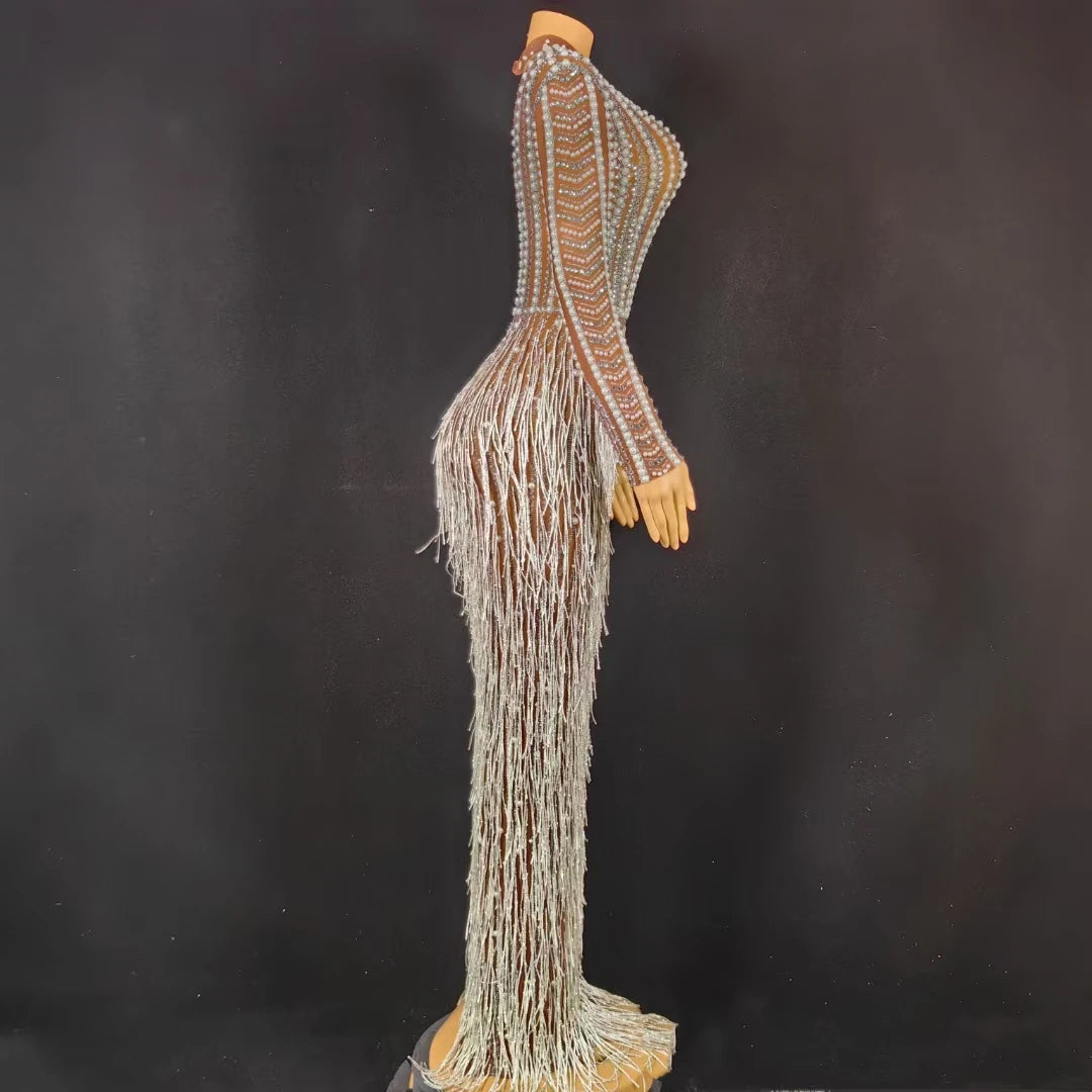 Luxury Fringes Crystal Birthday Party Long Dress Ladies Festival Outfit Night Club Clothes Women Floor Length Prom Evening Dress