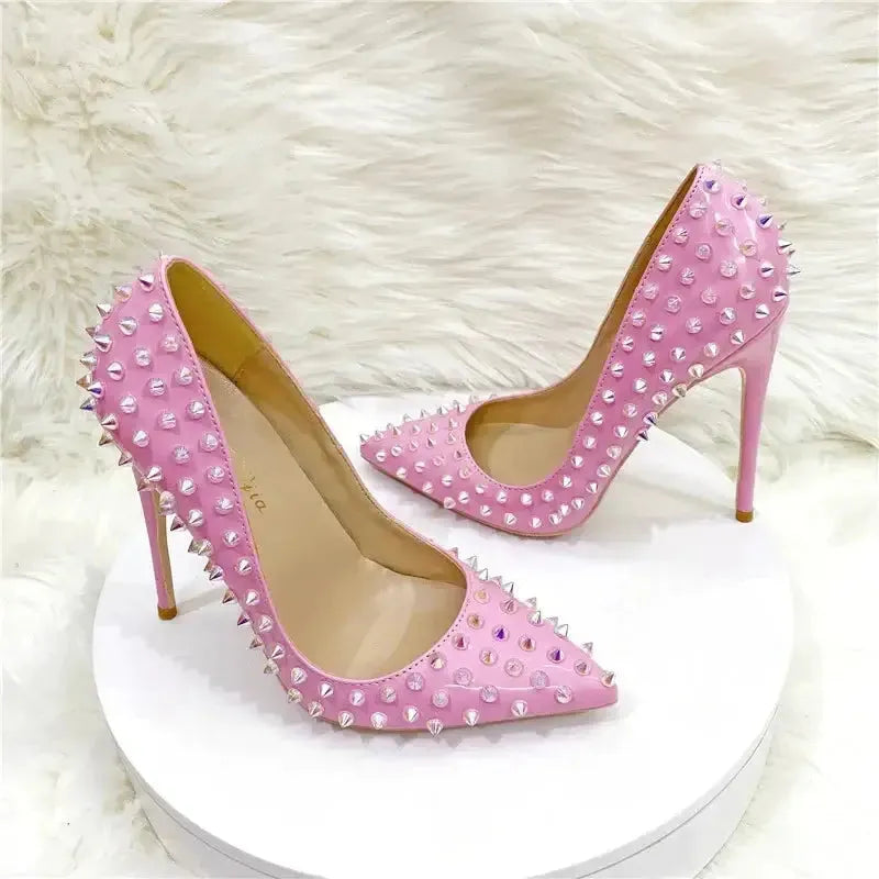 Pink Riveted Stiletto High Heels Shoes