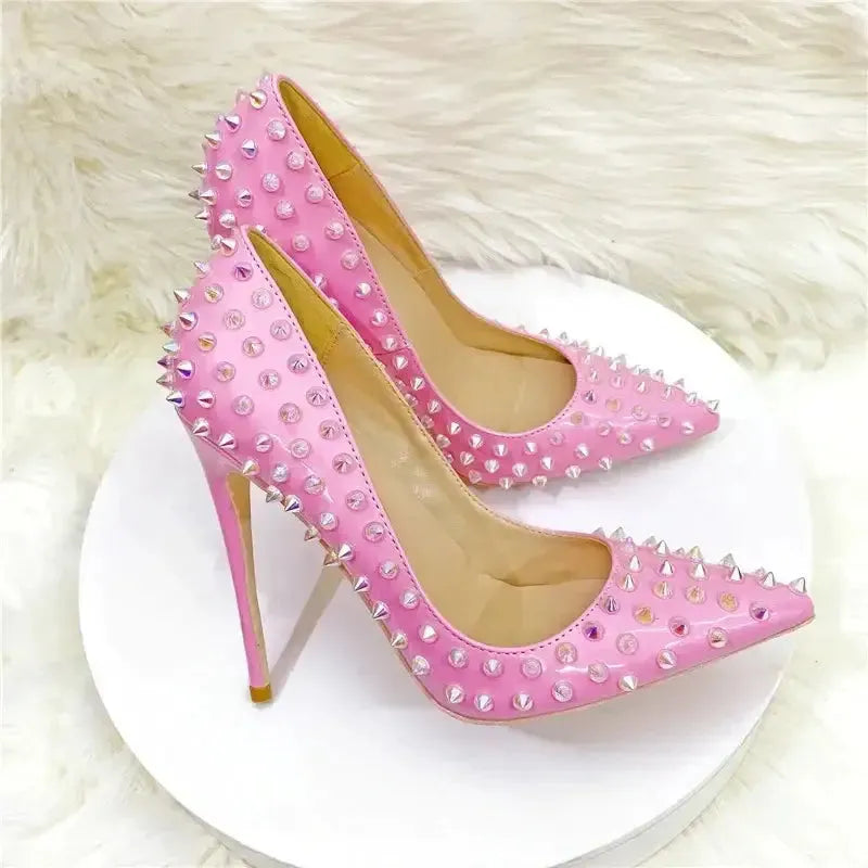 Pink Riveted Stiletto High Heels Shoes