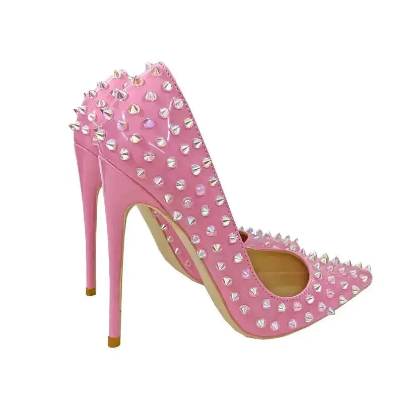 Pink Riveted Stiletto High Heels Shoes