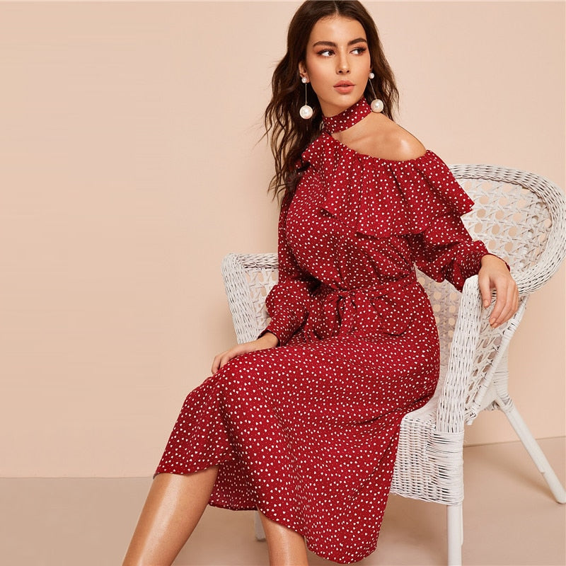 Polka Dot Print Ruffle Trim Cut Out Neck Sexy Dress Women Clothes Spring Glamorous Long Sleeve Belted Midi Dress